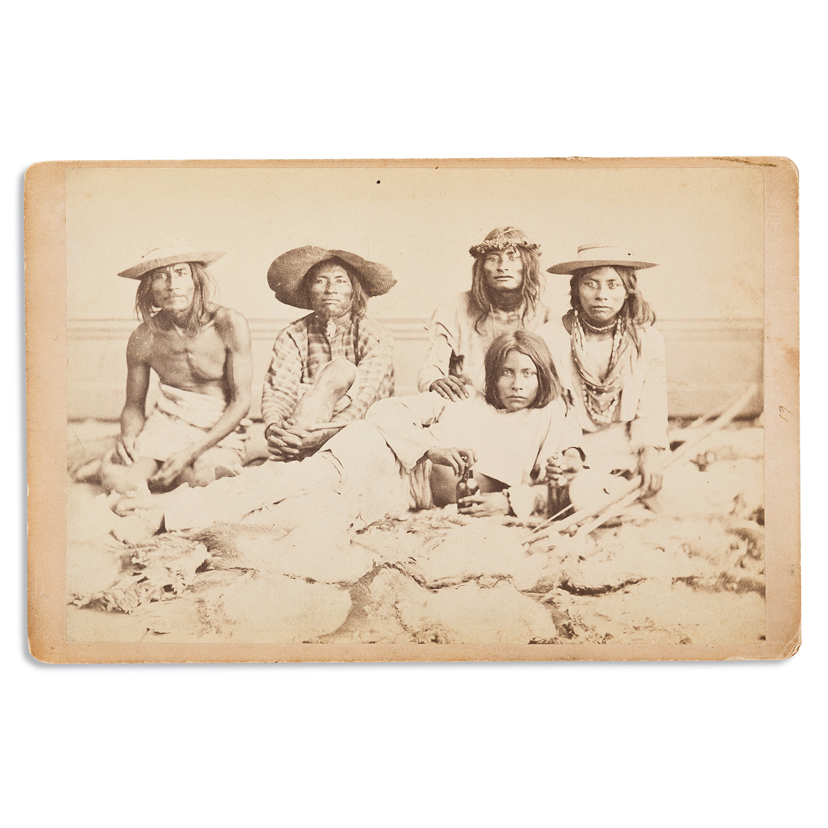 (AMERICAN INDIANS--PHOTOGRAPHS.) Cabinet card of 5 Seris from Tiburón Island in Mexico.